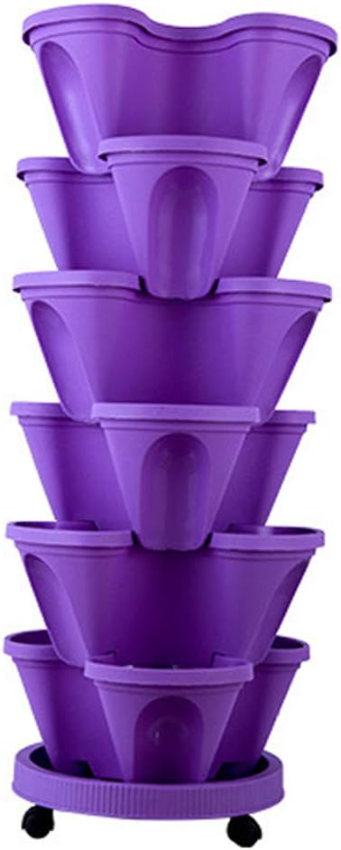 Aquarius CiCi 6 Tier Stacking Flower Pot Tower Stackable Vertical Plastic Garden Planter Vegetable Flower Strawberry Planter Pot Grow Fresh Herbs Indoor Outdoor(Purple)