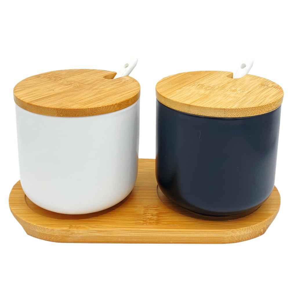 OnePine Set of 2 Sugar Bowl, 260ml Ceramic Spice Jar Salt Container with Lid and Spoon for Home and Kitchen (White and Black)