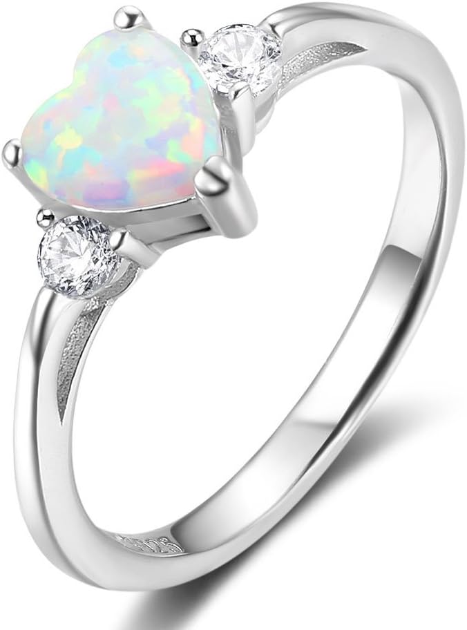 PHOCKSIN Heart White Opal 925 Sterling Silver Rings for Women Girl Mother's Day Ring Jewellery
