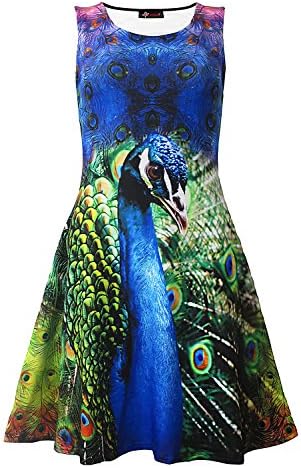 Bright And Colourful Peacock Feathers Animal Print Sleeveless Skater Dress