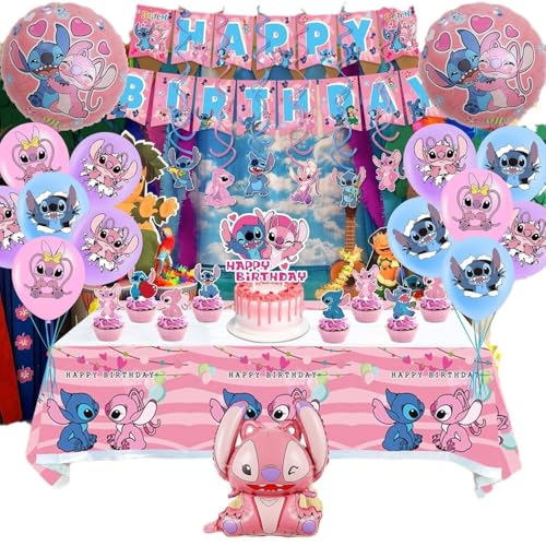 101PCS Stitch Party Supplies, Birthday Decorations Set Include Banner, Balloons, Stickers, Hanging Swirls, Cake Cupcake Toppers, Tablecloth for Girls Pink Stitch Theme Party
