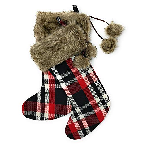 Red Plaid Christmas Stockings - 2-Pack of 21 inch Holiday Stockings with Festive Mink Faux Fur Cuff and Hanging Pompoms