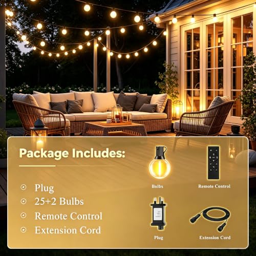 AODLEDY Outdoor String Lights, 60FT/18m 25+2 LED G40 Bulbs Garden Lights Mains Powered with Remote Control Dimmable Timer, Waterproof Festoon Light for Balcony Gazebo Patio Pergola