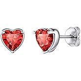 925 Sterling Silver Stud Earrings for Women, Heart/Round Birthstone Earrings Birthday Jewelry for Women Wife Daughter (with Gift Box)