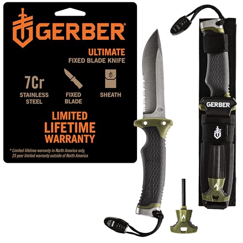 Gerber Ultimate Fixed Blade Knife w/Sheath, Knife Sharpener, Ferro Rod