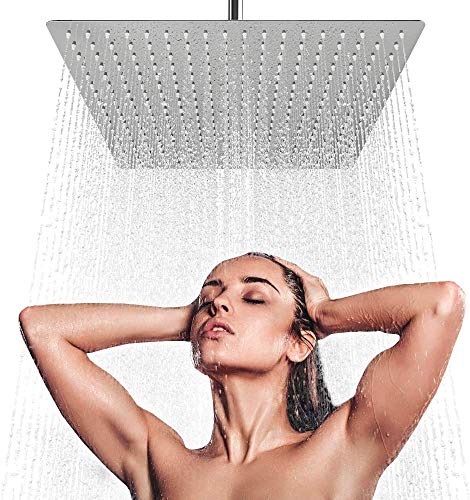Alta Presión Montaje Fijo de Cabeza de Ducha de lluvia-12 Pulgadas/30cm Gran Cuadrada 304 de Acero Inoxidable Ducha de Spray - 1/2'' Conector, Rotación de 360 Grados-con Boquilla de Silicona- Ultra Fino Ahorro de Agua Regaderas Fijas para Baño Gigante Piso Individual-RabbitStorm (12 Pulgadas)