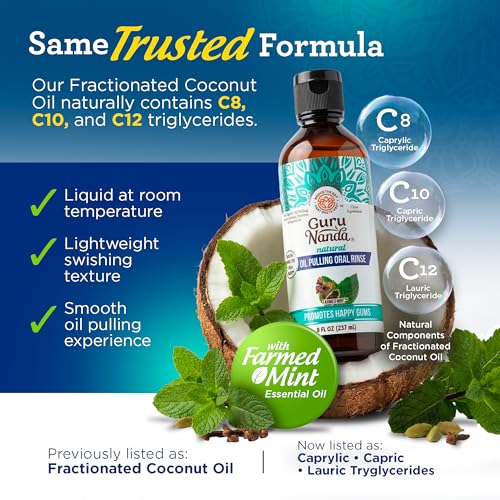 GuruNanda CocoMint Oil Pulling Mouthwash for Complete Oral Hygiene, 7 Essential Oils & Vitamins for Happy Teeth & Gums & Fresh Breath with Toothbrush & Tongue Scraper, Alcohol & Peroxide Free, 8 oz