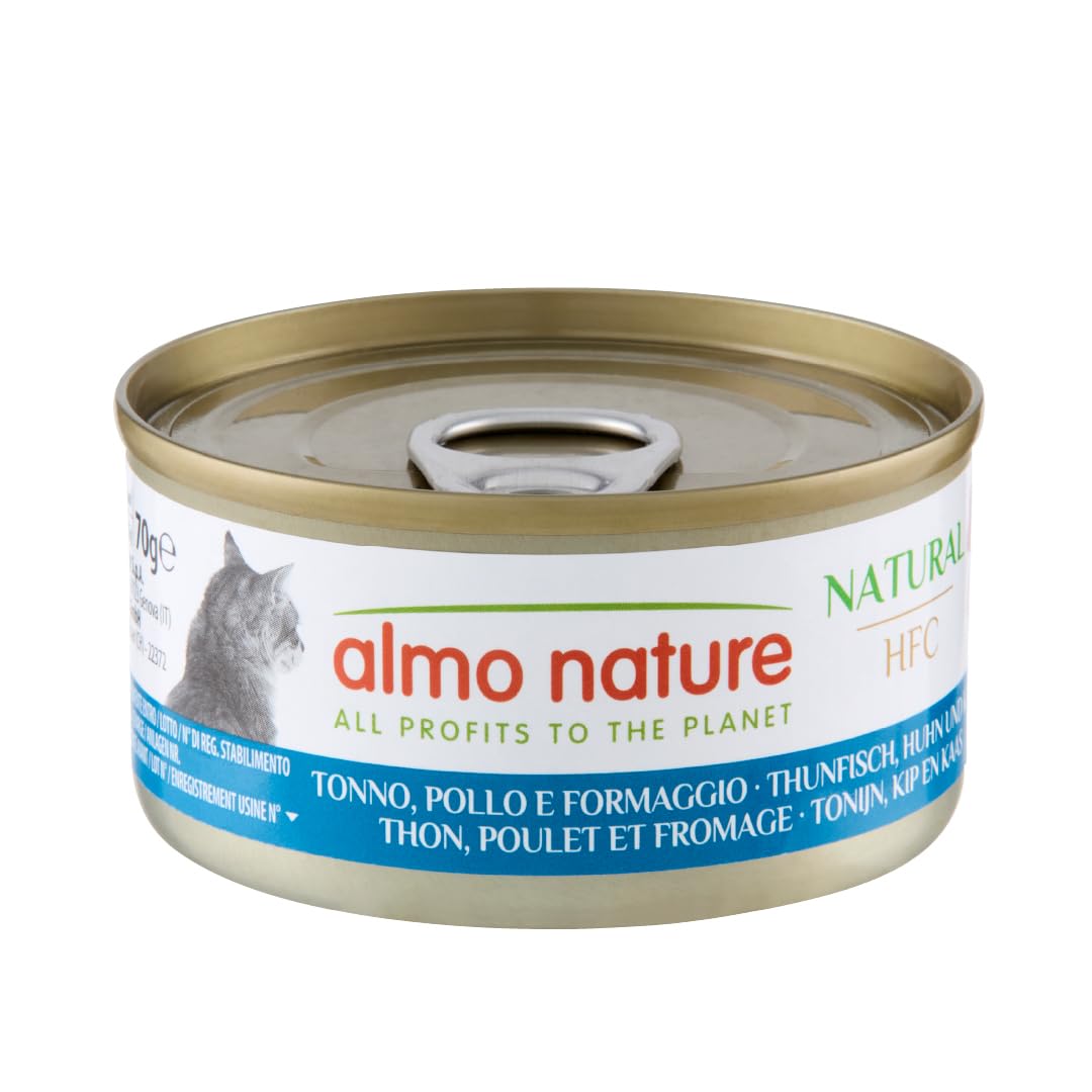almo nature HFC Natural - Wet Cat Food for Cats - Tuna, Chicken and Cheese - Gluten-Free, Grain-Free, Human-Grade, Monoproteic - 70g (Pack of 24)