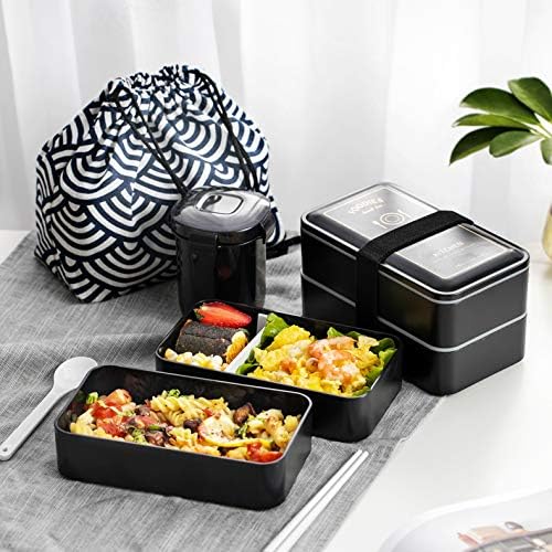Japanese Insulated Containers Bento Box - All-In-One With Microwave Safe Leakproof Bento Lunch Box Stackable 2 Tier Lunch Box Containers with Utensils, Divider and Sealing Strap