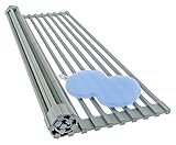 Roll-Up Dish Drying Rack | Solid Steel (Square Rod) Silicone Over The Sink Folding Dish Drainer + Bonus Dish Scrubber | Large 20-1/2
