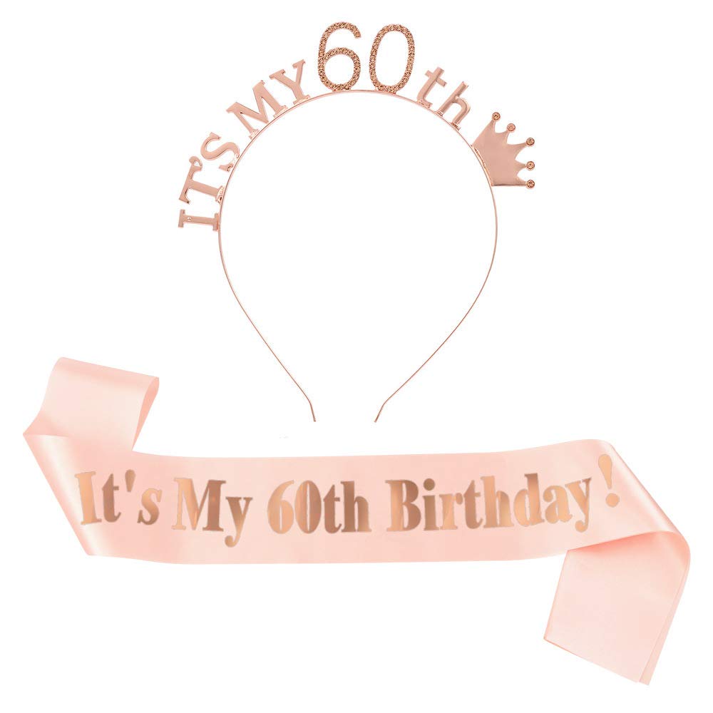 Camelliass 60th Birthday Tiara and Sash, Rhinestone Birthday Crown Headband Satin Sash for 60th Happy Birthday Party Decorations Supplies