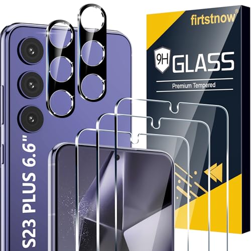 firtstnow 3 Pack for Samsung Galaxy S23 Plus Screen Protector Tempered Glass + 2 Pack Camera Lens Protector, Military Grade Shatterproof, 9H Hardness, Fingerprint Unlock, Case Friendly 6.6 Inch