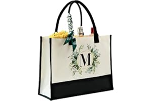 CROWNED BEAUTY Canvas Tote Bag with Zipper Pocket, Personalized Birthday Gift for Women, Floral Initial Letter M Bag for Vacation Beach CT13-M