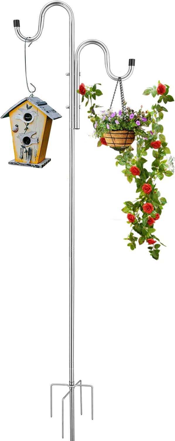 Outdoor Shepherd's Hooks - Shepards Hooks for Outdoor, 46 inches Stainless Steel Bird Feeder Pole Heavy Duty Double Sided Hook with 5 Prongs Base for Wedding Decors