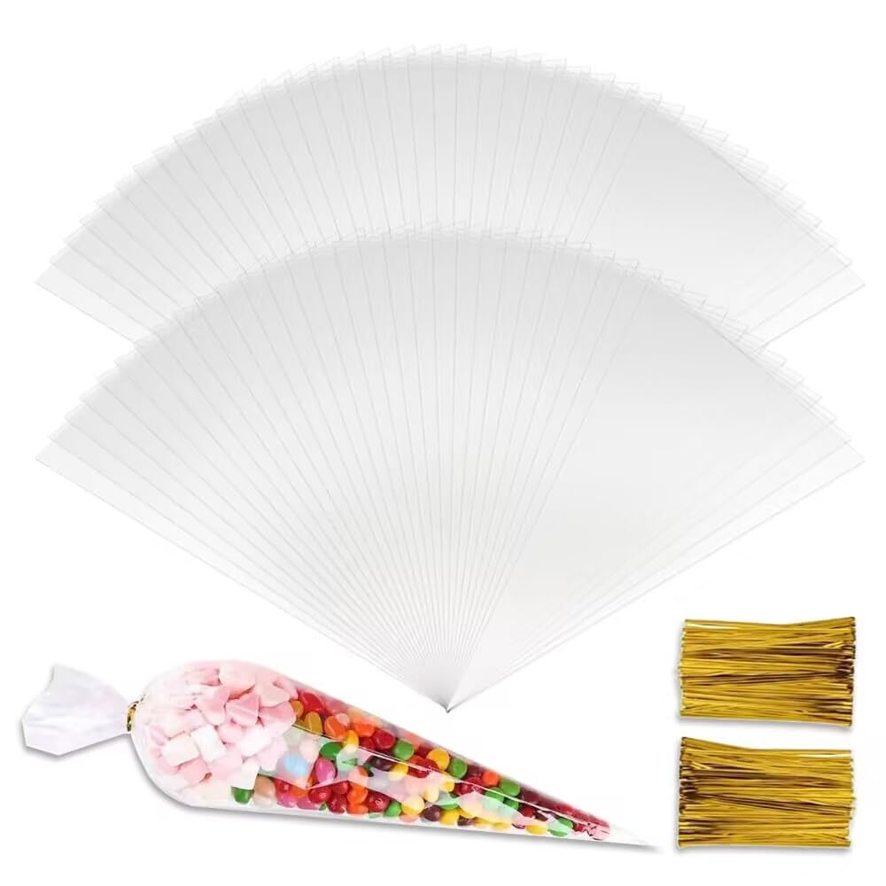 LucyStudio Transparent Sweet Cone Bags 16x30cm 100pcs with 100pcs Gold Twist Ties Triangle Cellophane Bags Crystal Clear Cone Bags for Party Christmas Wedding Candies Popcorn Marshmallow Snacks Gifts