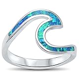 Wave Ocean Beach Lab Created Opal .925 Sterling Silver Ring sizes 4-12 Colors Available (Lab Created Blue Opal, 9)