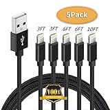 iPhone Charger,Generic Lightning Charging Cables 5Pack 3FT 3FT 6FT 6FT 10FT to USB Syncing Data Nylon Braided Cord Charger iPhone X/8/8Plus/7/7Plus/6/6Plus/6s/6sPlus/5/5s/5c/SE More (Black)
