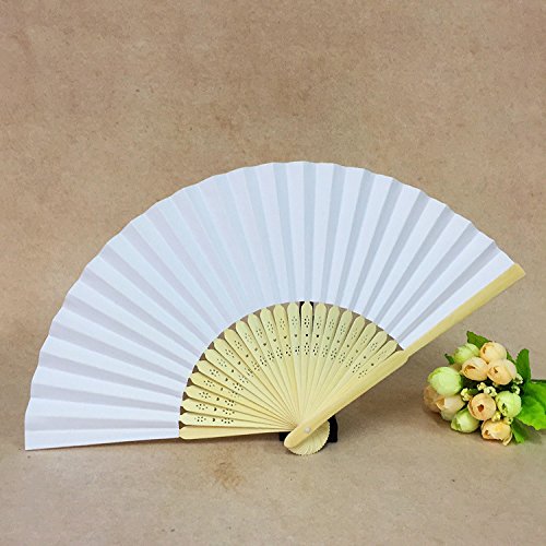 image for Grosun 50 Packs White Bamboo Folding Fan Handheld Fans Paper Folded Fa