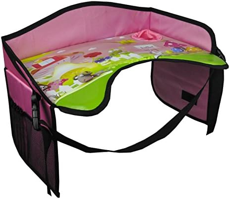 Kids Snack &amp; Play Car Seat Travel Lap Tray – for On-The-Go Families – with Cup Holder Reinforced Tray Surface – Sturdy Walls – Side Storage Pockets – Adjustable Strap – Waterproof- Pink By Genio Baby