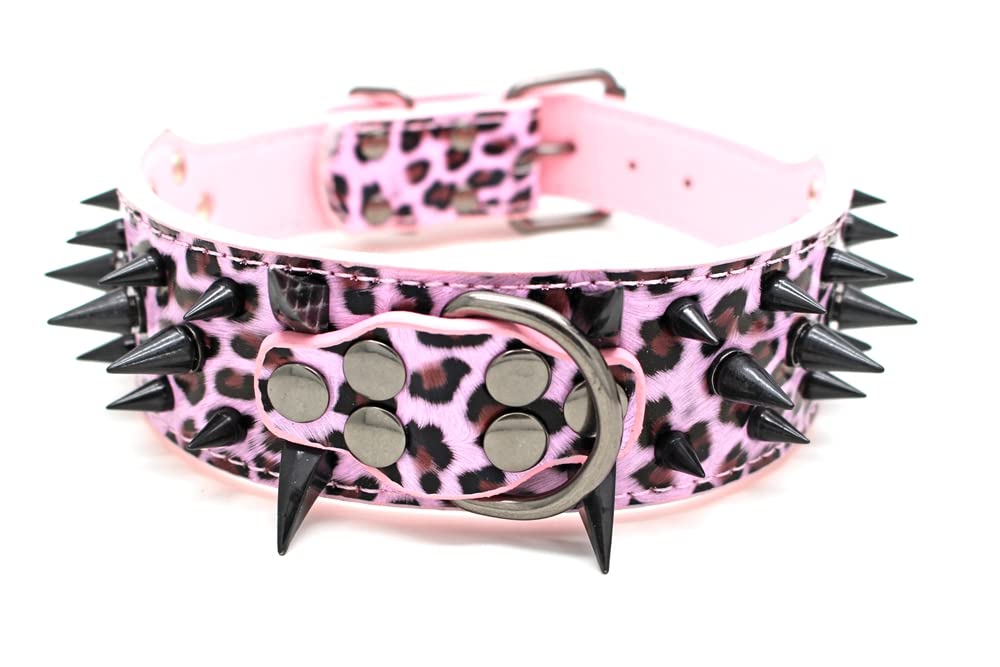 haoyueer Sharp Spiked Studded Dog Collar 2 Inch Width Stylish Leather Dog Collars for Medium & Large Dogs Pitbull,Labrador,Boxer Rottweiler German Shepherd … (L, Pink leopard-1)