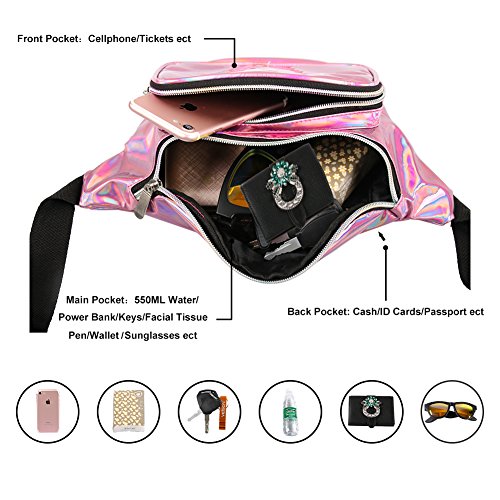 MUM'S MEMORY Metallic Hologram Fanny Pack – Outdoor Sport Waist Pack for Running, Hiking, Traveling for Women and Men (Pink) - Thumbnail 5