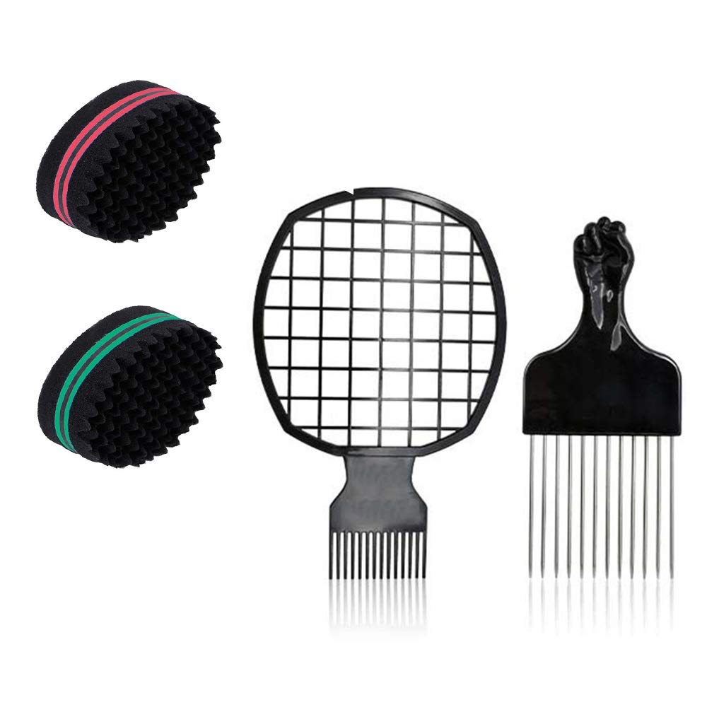 Hair Sponge Brush and Afro Comb, Set of 4 Black Twist Sponge Brush Afro Curl Coil Wave Barber Tool Natural Hair Comb for Home Barber Salon, Dreadlocks, Curl, Waves, Wig, Braid Styling Tool