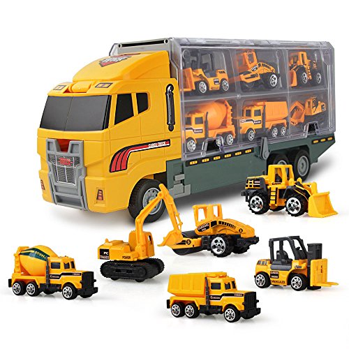 Jenilily Construction Truck Vehicle Container Car Toy Set Trucks Excavator Cement Truck Dumper Bulldozer Forklift Road Roller for Children Kids (7 in 1)
