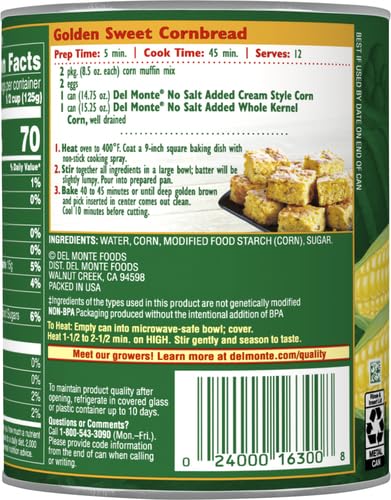 DEL MONTE CREAM STYLE SWEET CORN NO SALT ADDED, 14.75 OZ