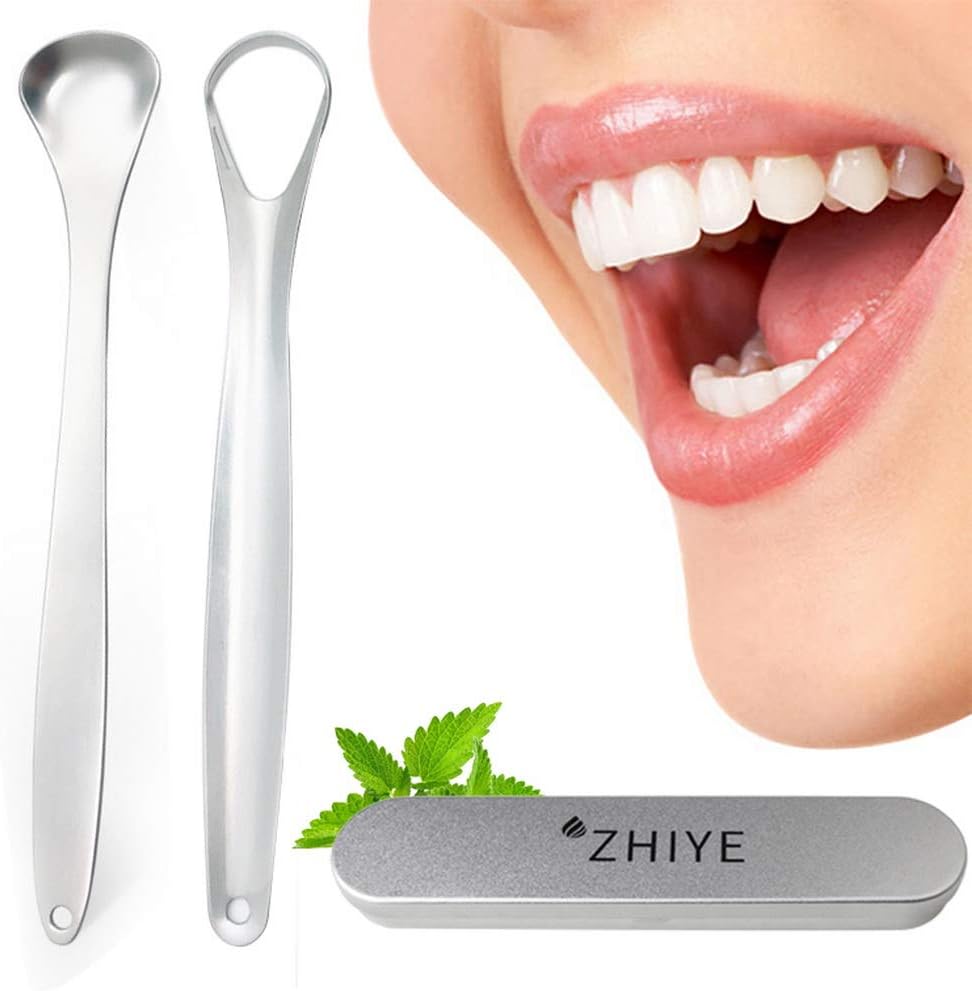 ZHIYE Tongue Scrapers 2Pcs Tongue Cleaner Stainless Steel Tongue Brush,for Fresh Breath, Plaque, Bacteria Removal Oral Care, with Travel Carry Case