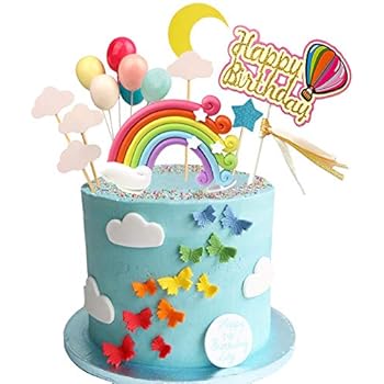 Rainbow Birthday Cake Topper Party Supplies with Rainbow Clouds Balloons Happy Birthday Cake Decorations for Rainbow Theme Party Baby Shower Wedding
