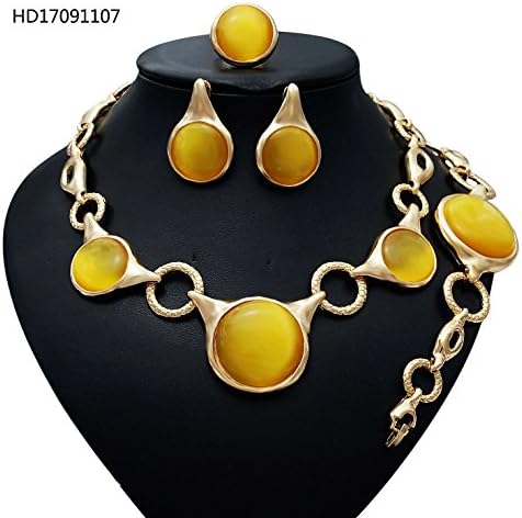 Gold Plated Jewelry Set 18k Fashion Rings Accessory Bridal Turkish Brazilian Saudi Women Design African Findings Gemstone Filled Necklace Stone Bracelet Wedding Earring (Yellow)