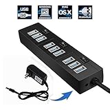 M.Way 10 Port USB 3.0 Hub High-Speed Data Transfer Ports Splitter 2A Power Adapter with On/Off Switches and LEDs USB Data Cable For Macbook Pro Laptop, iPhone 6s, 6s Plus, iPad, Samsung and More