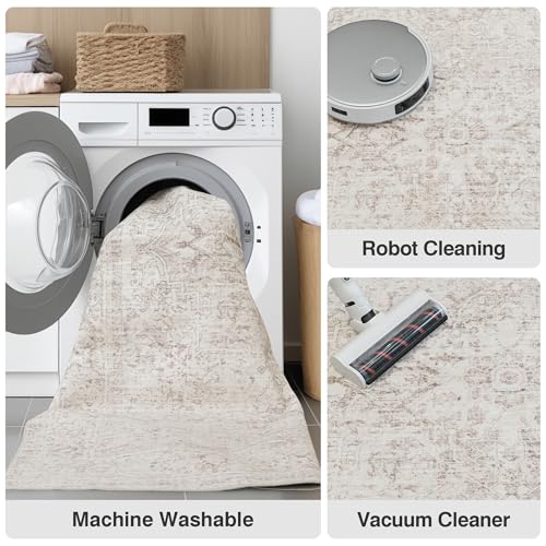 Fmfunctex 8x10 Washable Area Rug Beige Vintage Neutral Distressed Oriental Large Non Slip Carpet for Living Room Bedroom Soft Low Pile Tapis Salon Indoor Mat Retro Throw Rug for Dining Kitchen Office