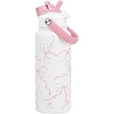 KEWIXY 32 oz Pink Water Bottle, 2-in-1 Lid, Straw & Spout with Protected, Leak Proof, Keep Cold, Stainless Steel, Metal, Reusable, Handle, for Travel, Gym and School, Breeze Pink Bow