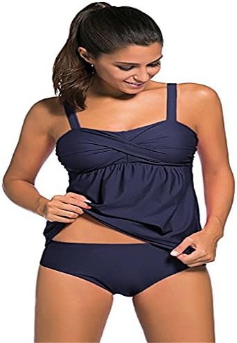 Nogajoe Women's Solid Ruched Tankini Top Swimsuit with Triangle Briefs ((US12-14) L, blue1)