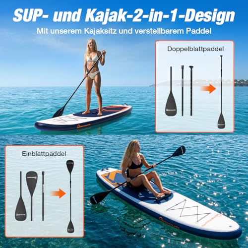 Warmounts 350 cm Large Inflatable SUP Board, 86 cm Extra Wide Stand Up Paddle Board, 2-in-1 ISUP Paddle Board with Kayak Seat & Double Paddle for Beginners and Adults, Pump and Backpack, 190 kg