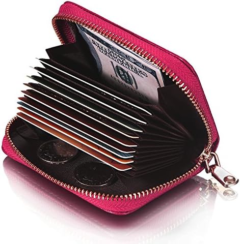Credit Card Wallet, SANHOO Genuine Leather Zipper Card Holder Wallet Small Purse For Women-Rose