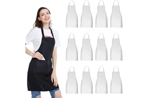 NOBONDO 12 Pack Bib Apron - Unisex white Apron Bulk with 2 Roomy Pockets Machine Washable for Kitchen Crafting BBQ Drawing
