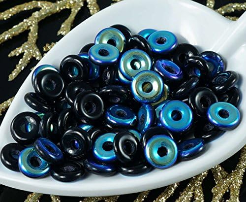 Jet Black AB Czech Glass Flat Ring Beads O Shaped Large Hole Donut Beads 8mm 20pcs