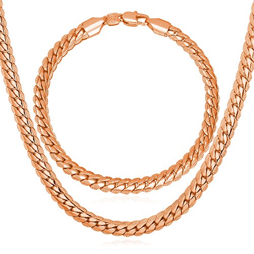 Punk Style Men Jewelry Set Rose Gold Plated Snake Chain Bracelet & Necklace With 