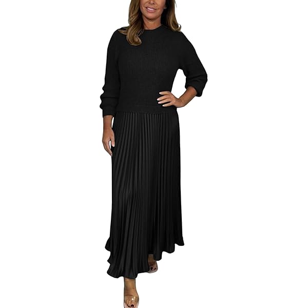 Women's Solid Color Long Sleeve Jumper & Pleated Bottom Dress,Fashion  Sweatshirt Top and Flowy Maxi Dresses at Amazon Women's Clothing store
