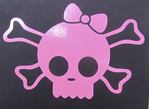 SKULL, #55, WITH BONES AND BOW, PINK, CROSS BONES, DECAL, 5 1/2" x 3 3/4", AUTO, CAR, COMPUTER, LAPTOP