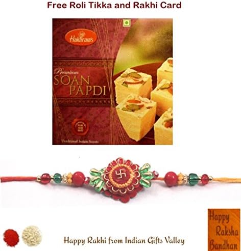 Indian Rakhi - Exquisite Swastik Rakhi with Haldiram Soan Papdi - Free Roli Tikka and Rakhi Card