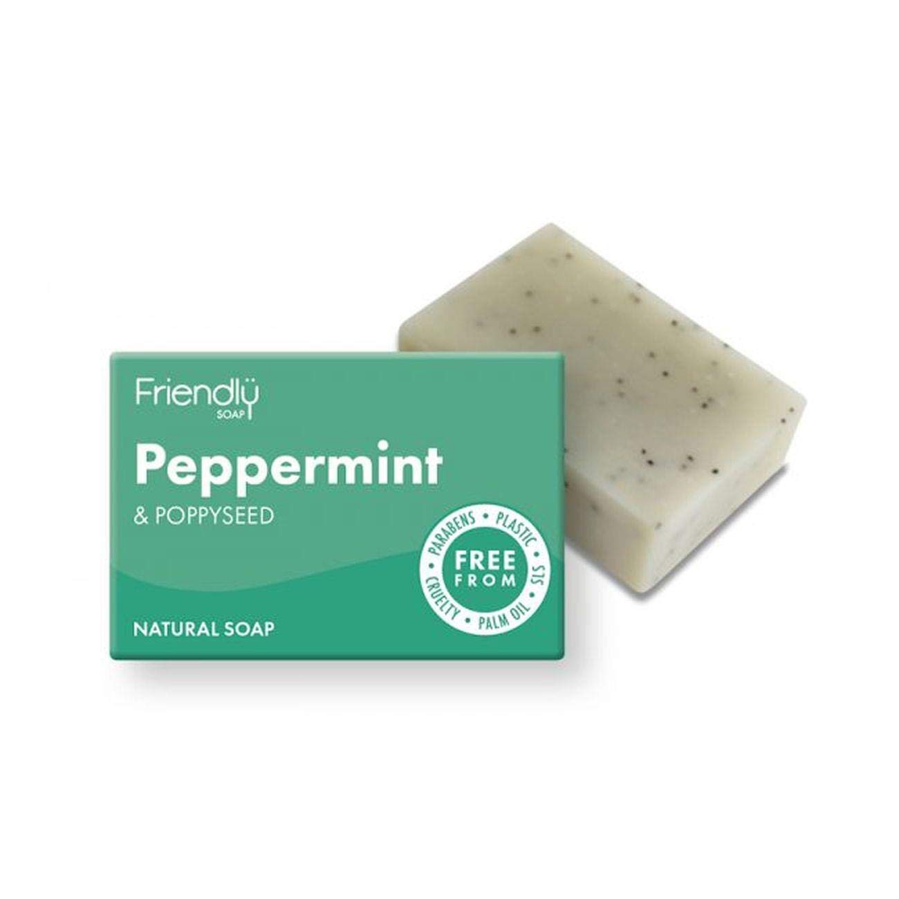 Friendly Soap - Exfoliating Peppermint & Poppyseeds (95g), Plant-Based, Cruelty-Free, Made By Hand, No Preservatives or Sulphates, Sustainable
