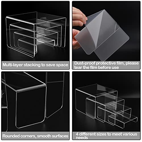 MerryNine 8 PCS Acrylic Risers for Display, 4-Tier Clear Display Stand Risers, multifunction acrylic transparent Pop stand for Cupcakes, Figures, cosmetics, Collectibles Display (Square)