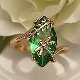 14K Yellow Gold Olive Cubic Zirconia Crystal Dragonfly Ring,14K Yellow Gold Dainty Eye Shape Green Gemstone Cocktail Party Statement Ring for Women Size 9
