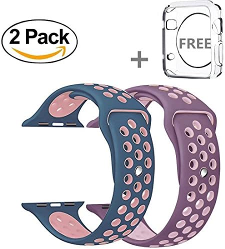 Apple Watch Band 42mm, Soft Silicone Replacement Band with Adjustable Buckle and Quick Release for Apple Watch 3/2/1/Edition, 2 Pack with free iWatch tpu screen protector (Pink/Blue + Purple/Pink)