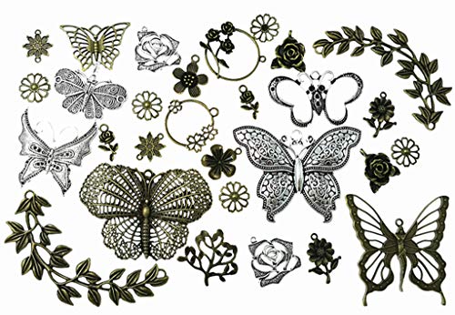 Kinteshun Butterfly Flower Leaf Charm Pendant for DIY Jewelry Making Accessaries(29pcs,Silver&Bronze Tones)