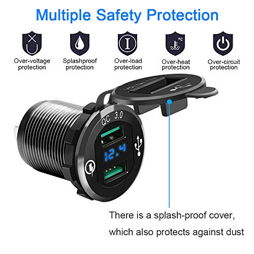 Opluz Dual QC3.0 USB Car Charger, Quickly Charge 4.8A USB Car Socket x2&Waterproof Power Outlet with LED Voltmeter for 12V/24V Car, Boat, Marine, RV, Motorcycle Mobile Build-in 10A Fuse Car Kit-Black - Thumbnail 3