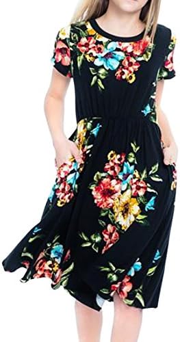 LEANI Girl's Summer Floral Printed Short Sleeve Midi Maxi Dress Loose Holiday Dress with Pockets